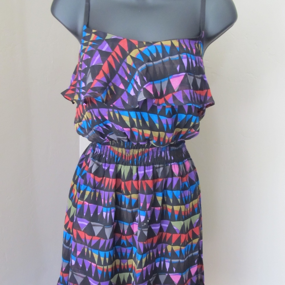 Colorful Silk TheCue Cher Qu Flounced Bodice and Hem Thin Strap Elasticized Mini
